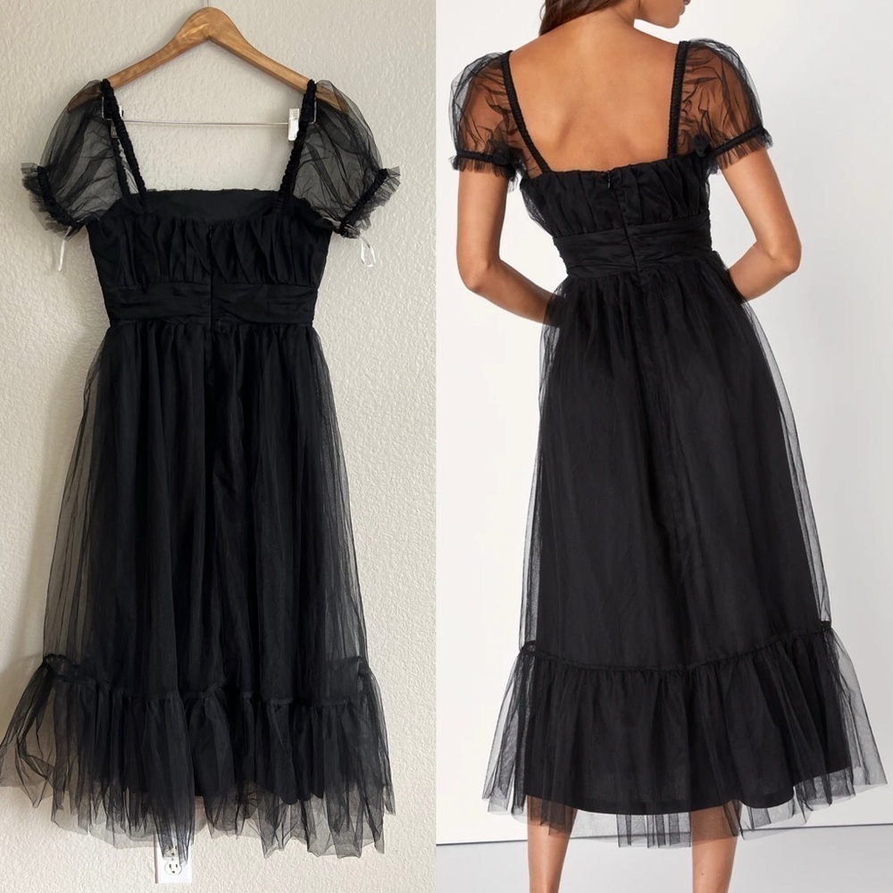 NWOT Flawless Aura Black Tulle Puff Sleeve Ruffled Midi Dress - Picture 3 of 8